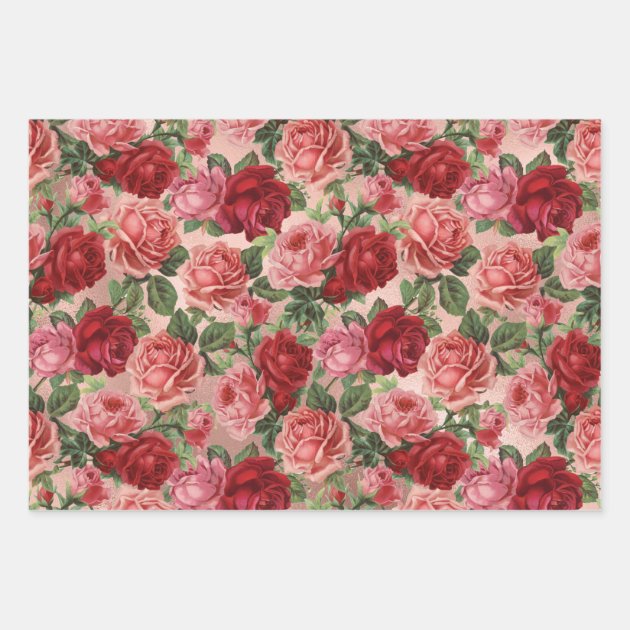 Chic Elegant Vintage Pink Red Roses Floral Wrapping Paper Sheets